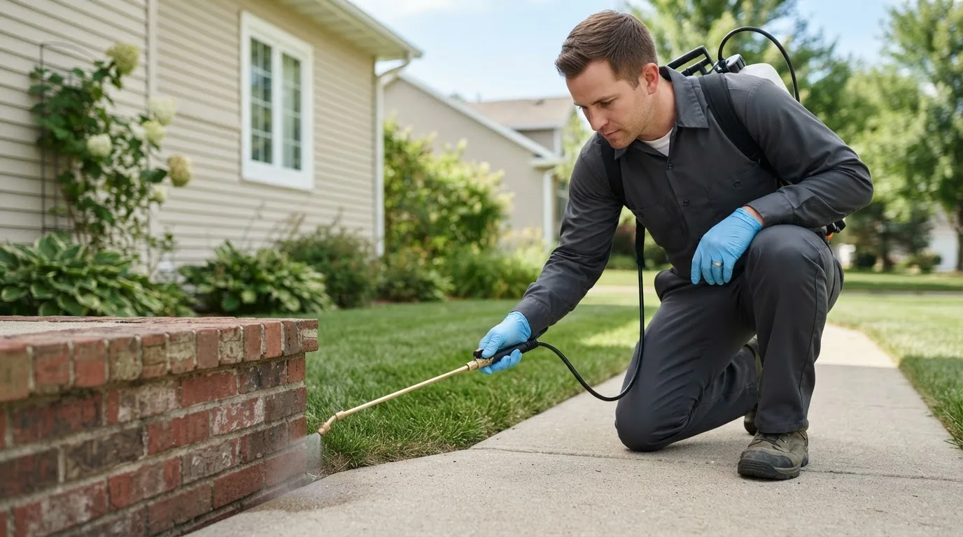 Pest control technician treating a home near Reedley, CA
